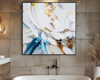 Teal Blue Floral Abstract Gold Leaf Giclee Print: Canvas Wall Art for Home Decor