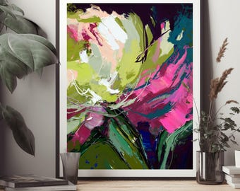 Cerise and Lime Abstract Floral Fine Art Paper Print, 15x18" Wall Art