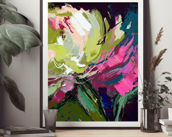 Cerise and Lime Abstract Floral Fine Art Paper Print, 15x18" Wall Art