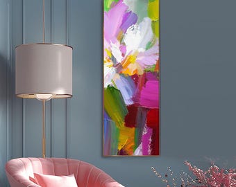 Lilac Abstract Fine Art Print, Pastel Purple Flower Canvas, Long Floral Print, Soft White  Home Decor, Narrow Print, Wall Art UK