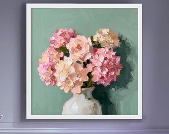 Pink Hydrangeas in White Vase Art Print, Sage Green Abstract Wall Art