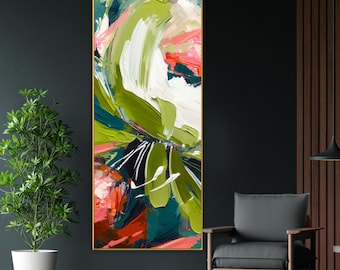 Lime Green Coral Abstract Print, Bright Happy Home Decor, Long Narrow Print, Blush Pink Wall Art UK