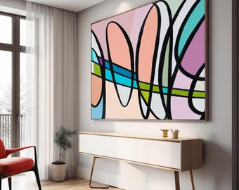 Orange Sherbet and Olive Green Abstract Art Print, Mid Century Coral Pink Aesthetic Wall Decor, Interior Design, UK artist