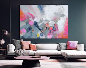 Soft Pastel Grey Abstract Wall Art, Hot Pink Canvas, White Interior Design, Blue Accents, Extra large Print, UK artist