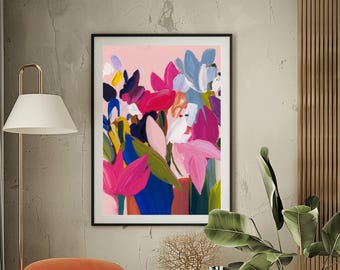 Pink Floral Abstract Print: Bright Wall Art, Pastel Interior Design