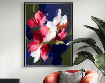 Red Floral Abstract Art Print: Grenadine Crimson Flower Wall Decor,
