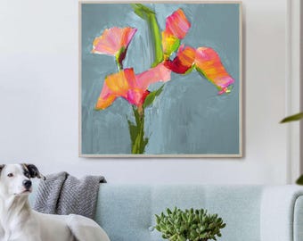 Coral Lily Fine Art Print, Contemporary Pastel Wall Decor, Large Abstract Canvas, Soft Grey Green, UK Artist