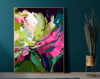 Cerise Lime Floral Abstract Fine Art Print, Contemporary Flower Canvas print, Teal Interior Design, Magenta Pink Wall Art