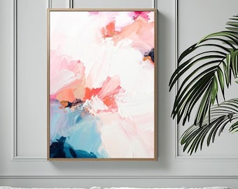 Embellished Abstract White Peony Petals Fine Art Print, Gold Leaf, Interior Design, Coral Pink Blush Accents, Indigo Blue, UK artist