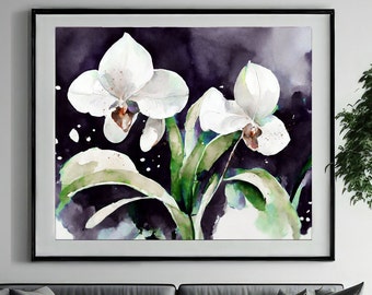 Snow Orchid Fine Art Print, Indigo Blue Watercolour Abstract Flower Wall Art, White Floral Painting, UK artist