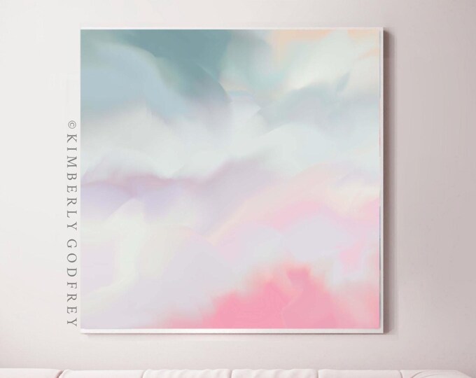 Pink Zen Clouds Abstract Art Print: Pastel Blue Grey Canvas