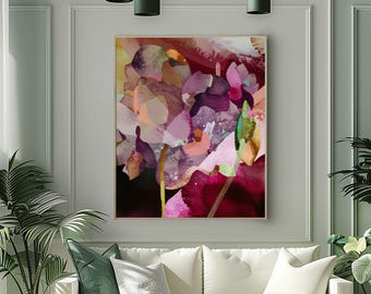 Vibrant Floral Abstract Art Print: Plum Wine Watercolour, Modern Wall Decor