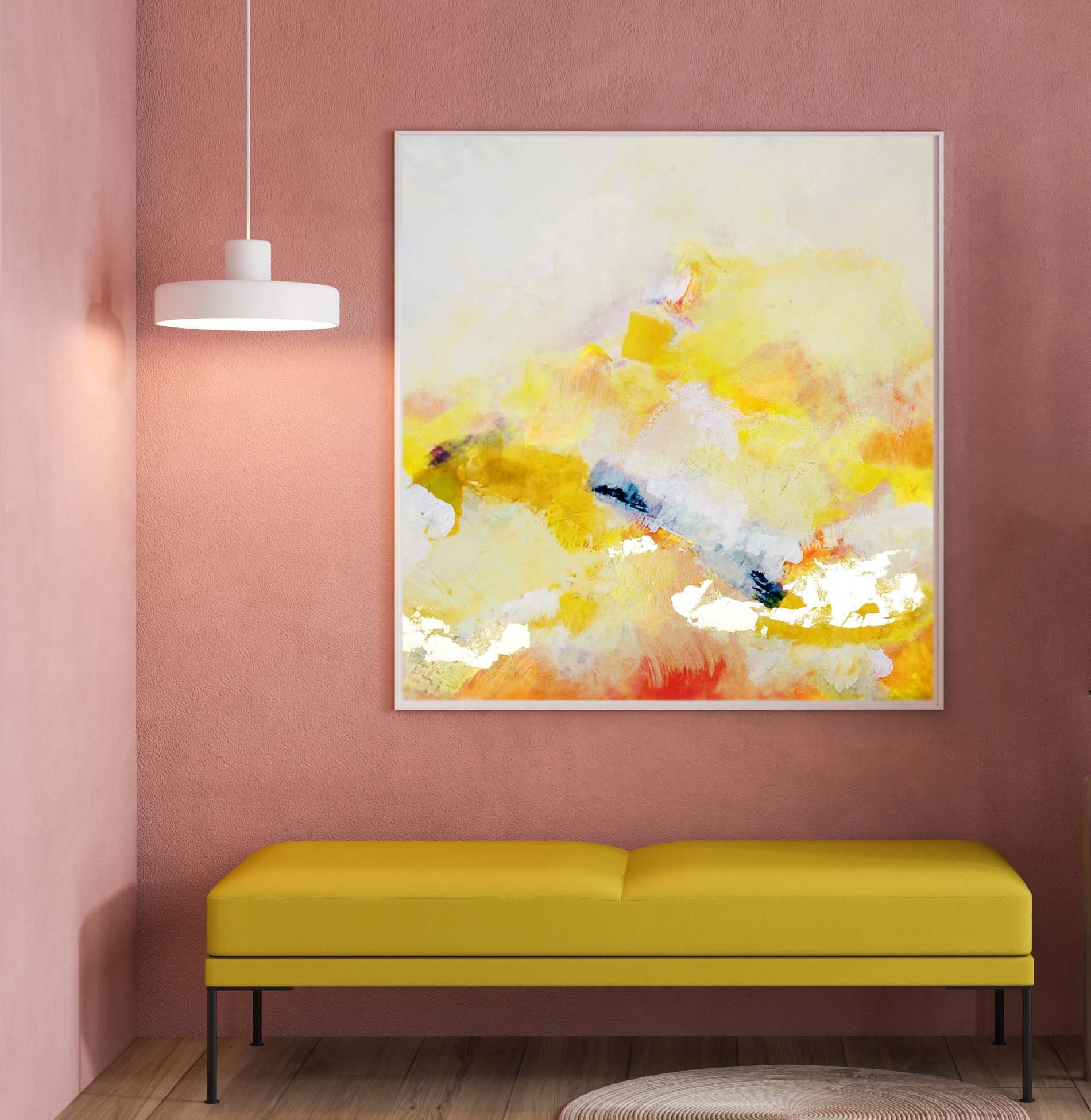 Abstract Yellow & Light Blush Art Print, Embellished Canvas, Gold Leaf