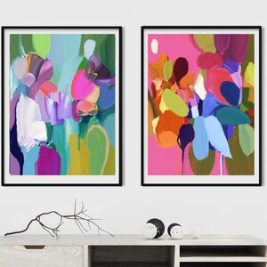 Colourful Abstract Floral Print Set: Pink Flowers, Interior Design, UK Artist