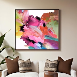 Sheer Pink Jewel Abstract Print, Blue Floral Wall Art, Teal Green Ink Painting, Large Flower Canvas Print, UK artist