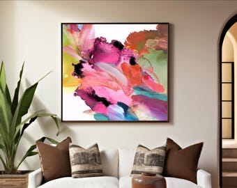 Sheer Pink Jewel Abstract Print, Blue Floral Wall Art, Teal Green Ink Painting, Large Flower Canvas Print, UK artist