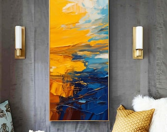SALE Mustard Yellow Abstract Canvas Print, 20x40" Bright Blue Decor, Long Narrow Rolled Canvas, Wall Art UK