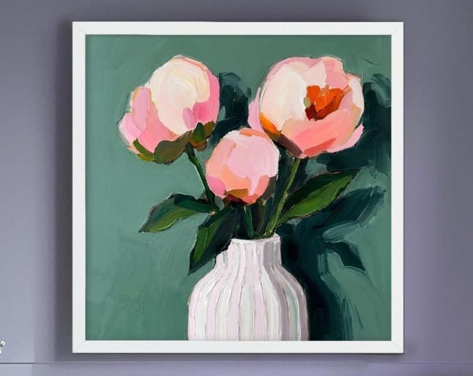 Featured listing image: Sage Green Abstract Art Print:  Pastel Pink Peony Flower Wall Art