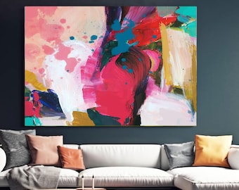 Coral Pink Abstract Fine Art Print, Teal Blue Colourful Contemporary Living room Wall Art, Mustard Yellow, UK artist