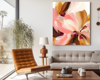 Coral Pink & Brown Floral Abstract Art Print: Muted Neutral Colours