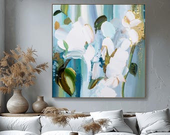 Aqua Blue Abstract Gold Leaf Giclee Print: Floral Wall Art for Home Decor