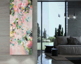 SALE Rose Gold Leaf Abstract Canvas Print, 16x36" Narrow Vertical Teal Canvas Print, Light Blush Pink Wall Art