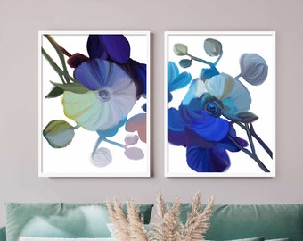 Indigo Blue Orchid Floral Fine Art Abstract Print Set, Jewel Tones, Unique Dark Teal Flower Wall Art, UK Artist