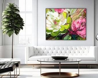 SALE Snow Rose Abstract Fine Art Paper Print 24x30", Contemporary Floral Decor, Pink Aesthetic, Pastel Green Flower Art, UK artist