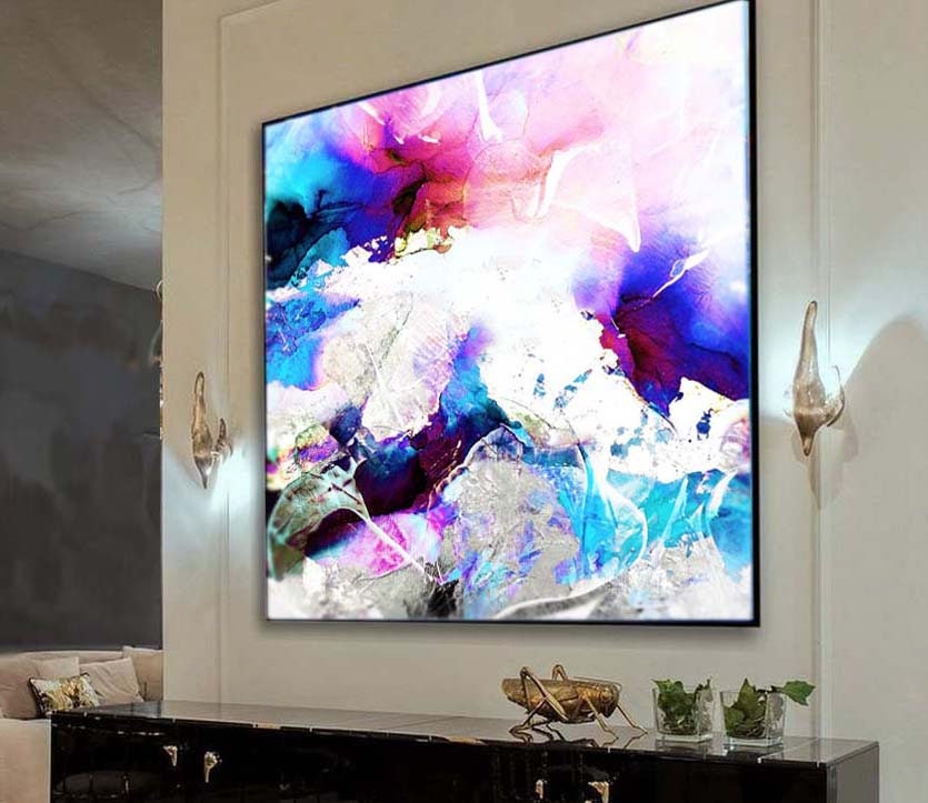 Cobalt Blue Abstract Art Print, Large Embellished Painting, Modern