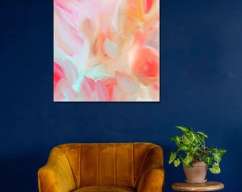 Coral Lotus Flower Abstract Art Print, Bright Pink Aesthetic Decor, Interior Design, Orange Floral Wall Art, UK Artist