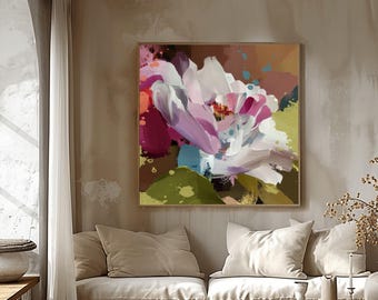 Mauve Floral Abstract Fine Art Print, Bright Blue Wall Art, Teal Green Decor, Light Pink  Accents, UK artist
