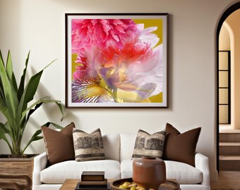 Iris Peony Fine Art Print, Mustard and Pink Floral Wall Art Canvas Print, Large Surreal Flower, UK Artist