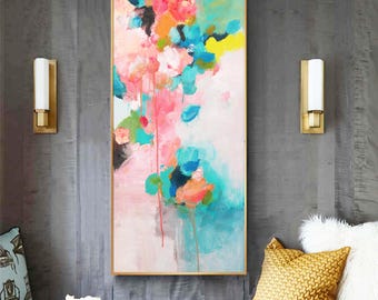 Mint Roses Abstract Fine Art Print, Pastel Coral Pink Flower Canvas, Long Floral Print, Light Home Decor, Narrow Print, Wall Art UK