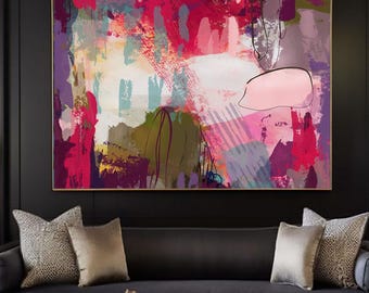 Mauve Mood Swing Abstract Fine Art Print, Rose Pink Accents, Olive Green Floral Wall Art, UK Artist