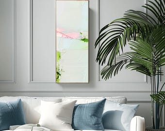 White Textured Abstract Art Print:  Long Vertical Light Green Canvas, UK artist