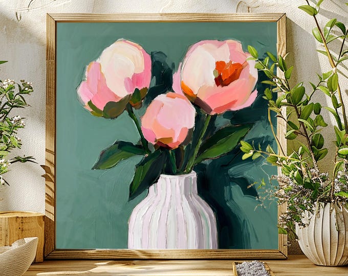 Featured listing image: Sage Green Abstract Art Print:  Pastel Pink Peony Flower Wall Art