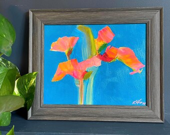 Small Framed Coral Wildflowers Abstract Painting, Bright Colourful Textured Floral Wall Art, Contemporary Art, 10x12"