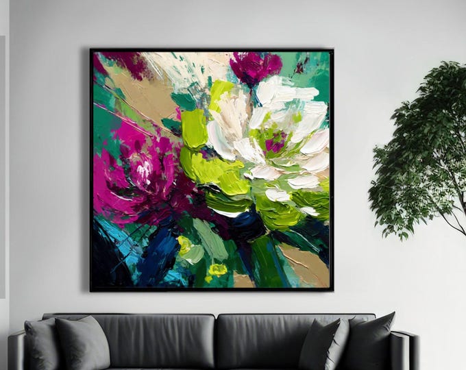 Floral Abstract Giclee Print: Lime Green & Magenta Rose Wall Art