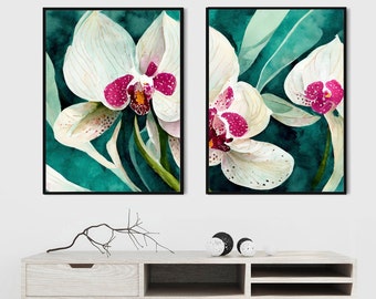 Light Teal Orchid Floral Fine Art Abstract Print Set, Bright Pink Watercolour Flower Wall Art, UK Artist