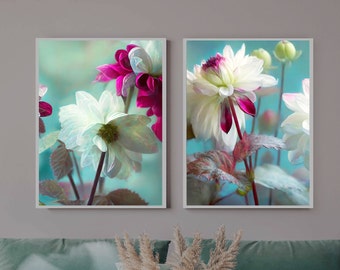 Mint Dahlias Abstract Set of Fine Art Floral Prints, Interior Design, Soft Sage Green Aesthetic, White Dahlia Flower Petals, Botanical Art