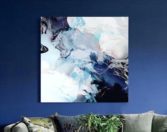 Indigo Sky Abstract Print, Navy Blue Home Decor, Soft Grey Pastel Canvas Wall Art, UK artist