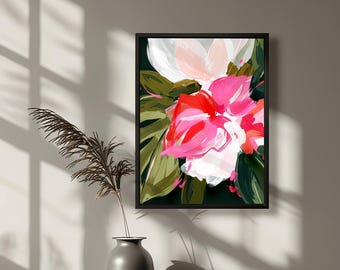Exotic Red Floral Abstract Art Print: Bright Crimson Flower Wall Decor,