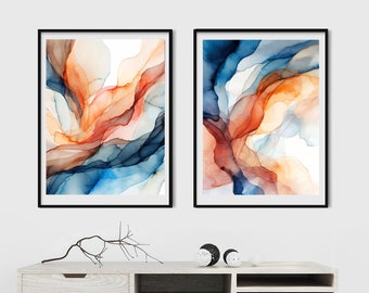 Indigo Orange Set of Fine Art Prints, Sheer Navy Blue Abstract Ink Wall Art, Contemporary Modern Home Decor, UK Artist