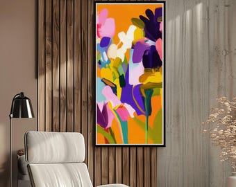 Orange Wildflowers Abstract Print: Purple Accents, Long Wall Art, UK Artist