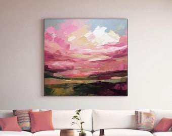 Cerise Sunset Abstract Art Print, Pink Sky Painting, Coral Peach Wall Art, Olive Green Decor, Light Blue, Interior Design