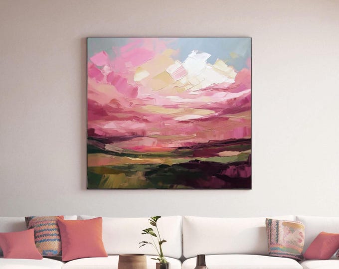 Cerise Sunset Abstract Art Print: Pink Sky, Olive Green Decor