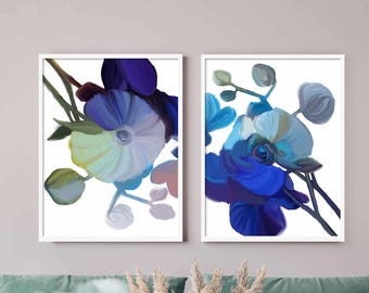SALE Indigo Blue Orchid Floral Fine Art Abstract Paper Print Set, 15x16" Dark Teal Flower Wall Art, Sage green, UK Artist