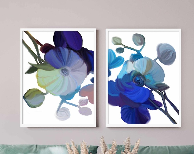 Indigo Blue Orchid Art Print Set: Abstract Floral Giclée, 15x16"