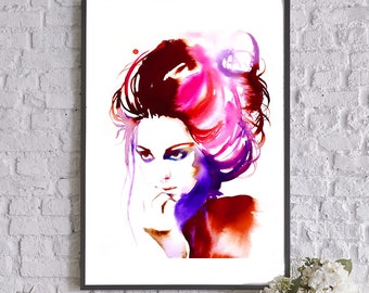 Pink Fashion Illustration Art Print Watercolor Hair Salon Decor, Large Beauty Canvas, British Fashion, UK Artist