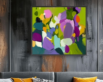 Lime Green Floral Abstract Print: Bright Colourful Happy Wall Art, UK Artist